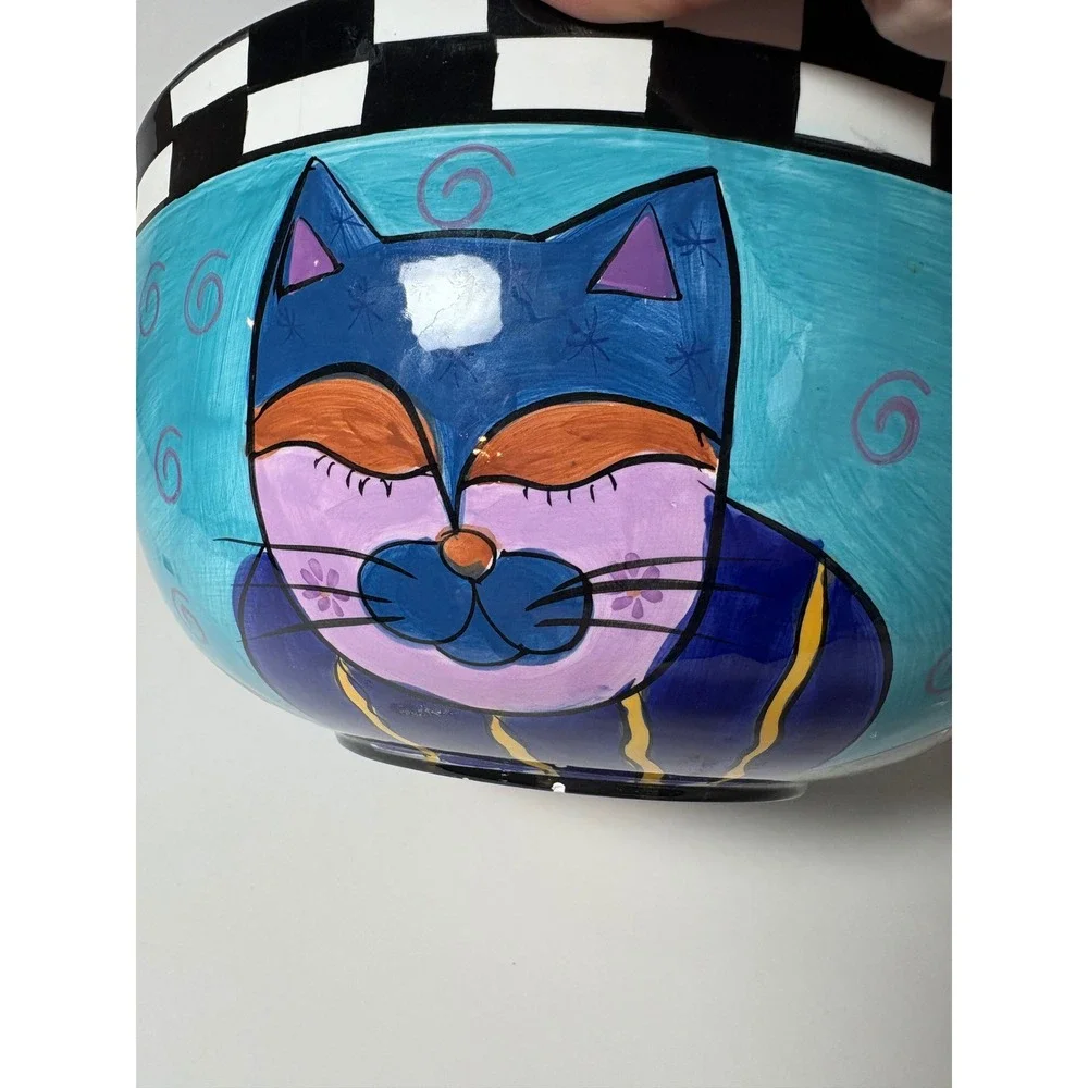 Whimsical Hand Painted by Milson & Louis Ceramic Bowl Turquoise Checkered Rim